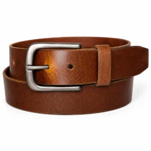 Burnished tan brown leather belt with textured finish and gunmetal buckle