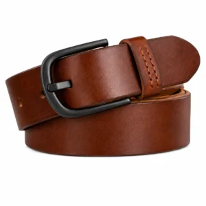 Chestnut brown leather belt with stitched leather keeper and matte black buckle
