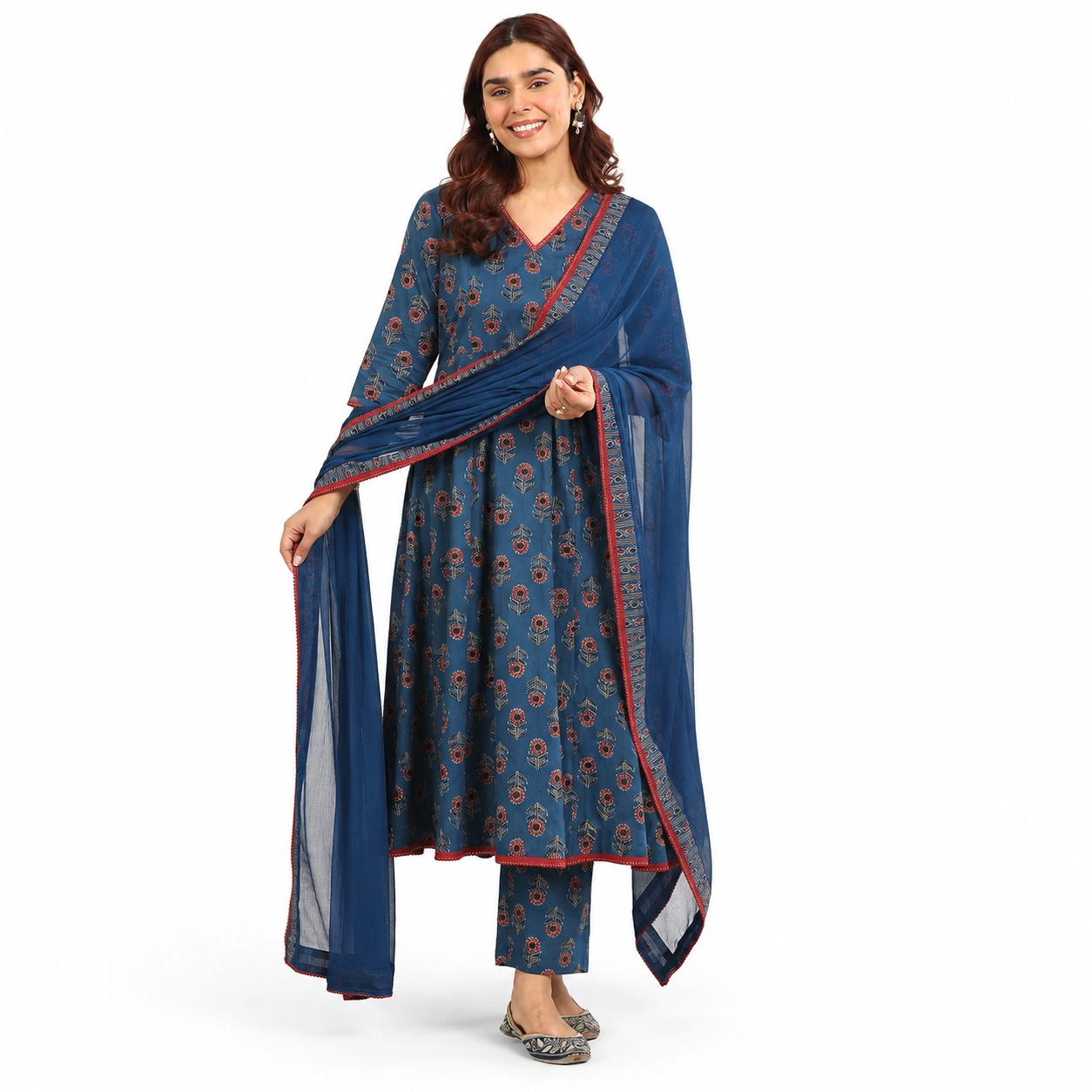Navy Blue Printed Cotton A-Line Suit With Dupatta