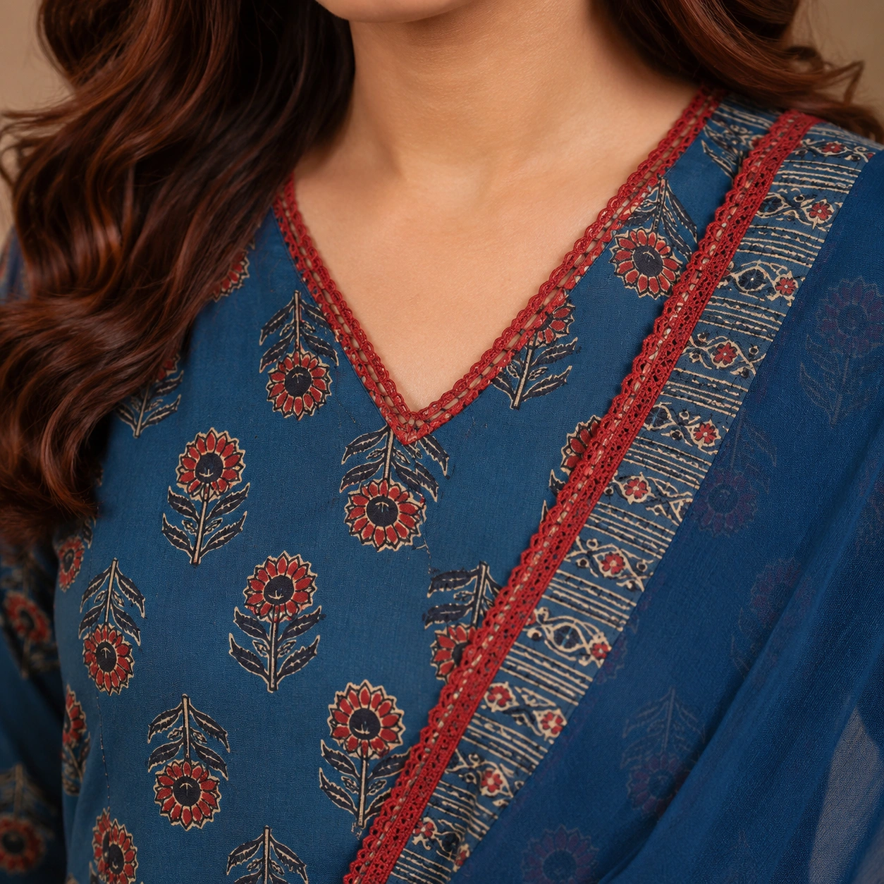 Navy Blue Printed Cotton A-Line Suit With Dupatta - Image 3