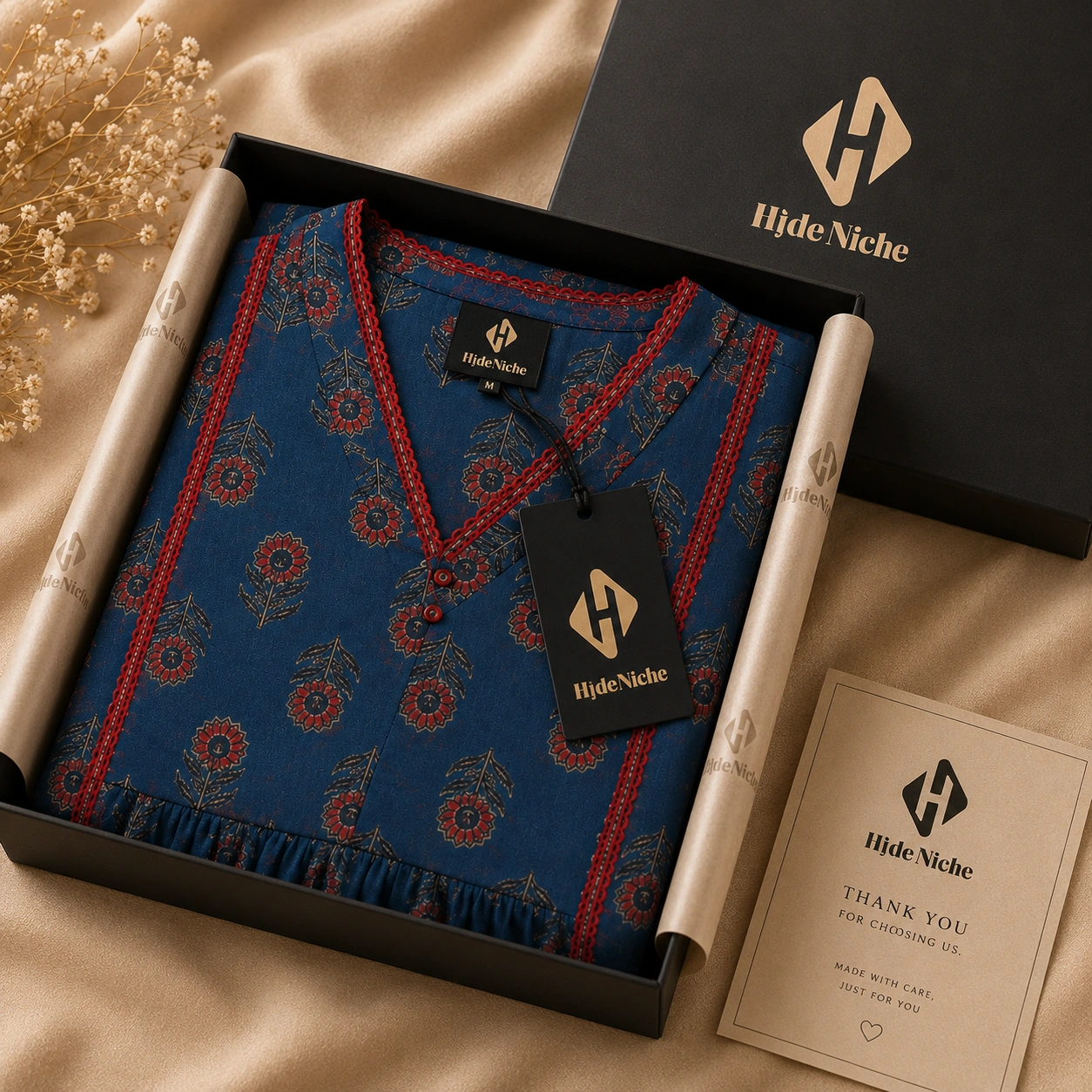Navy Blue Printed Cotton A-Line Suit With Dupatta - Image 2