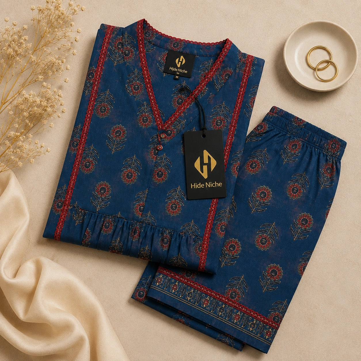 Navy Blue Printed Cotton A-Line Suit With Dupatta - Image 4
