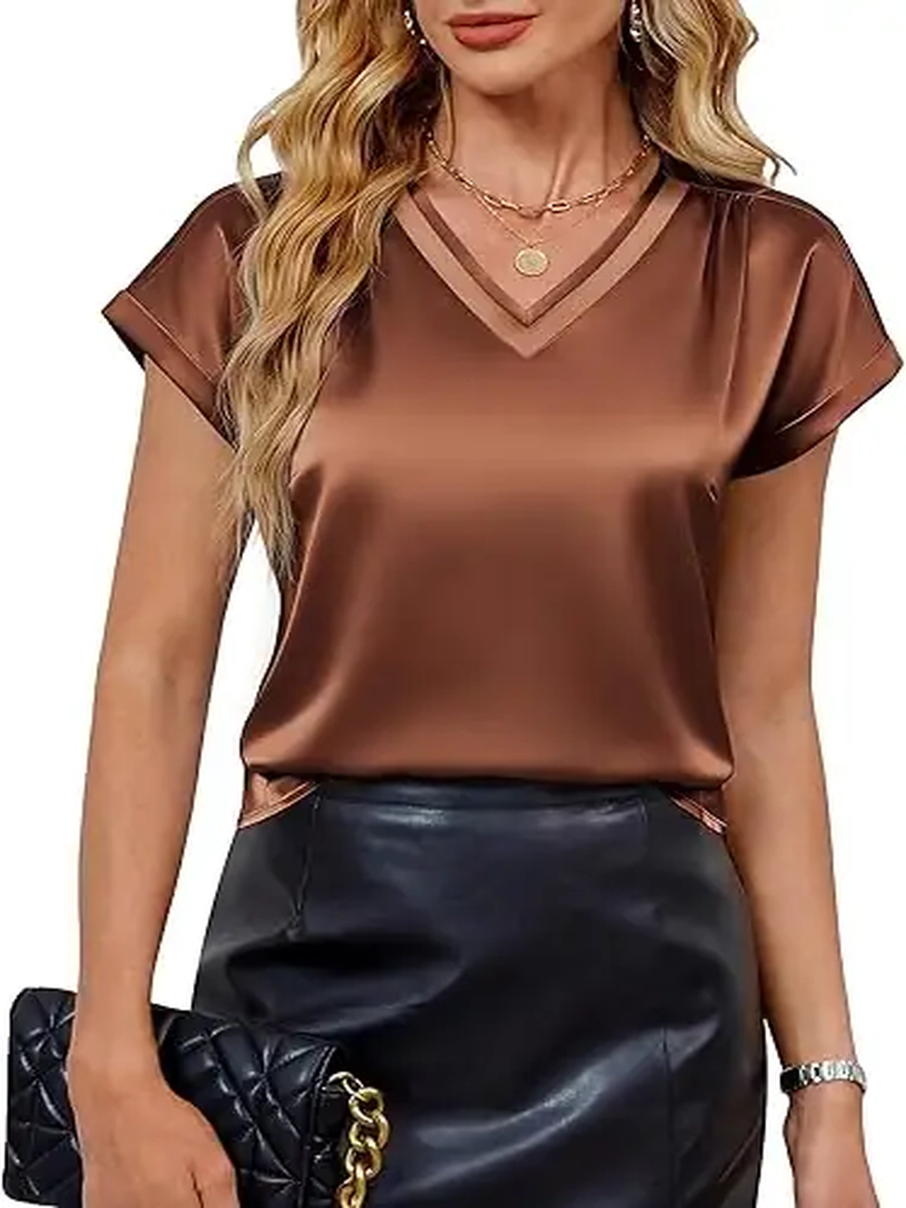 Blooming Jelly Women Satin Mesh V Neck Blouses Short Cap Sleeve Tops Business Casual Summer Work Trendy Outfits