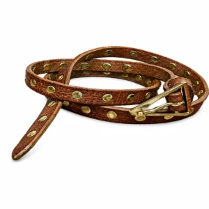 Brown studded leather belt with gold-tone round studs and matching buckle