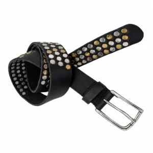 Black studded leather belt with gold and silver-tone metal studs and silver buckle