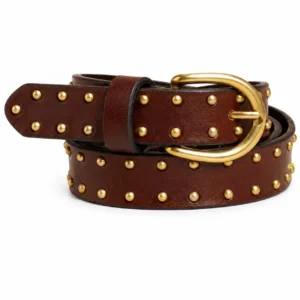 Brown studded leather belt with gold-tone studs and large oval gold buckle
