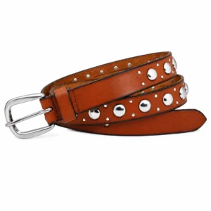 Tan brown studded leather belt with silver-tone studs and polished silver buckle
