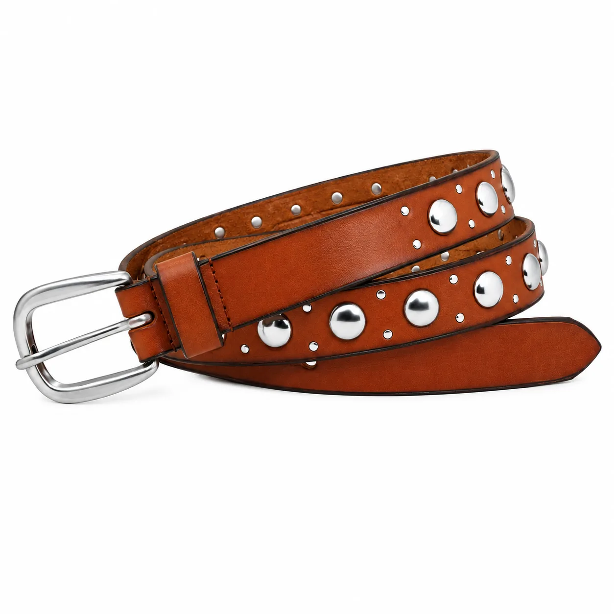 Tan brown studded leather belt with silver-tone studs and polished silver buckle
