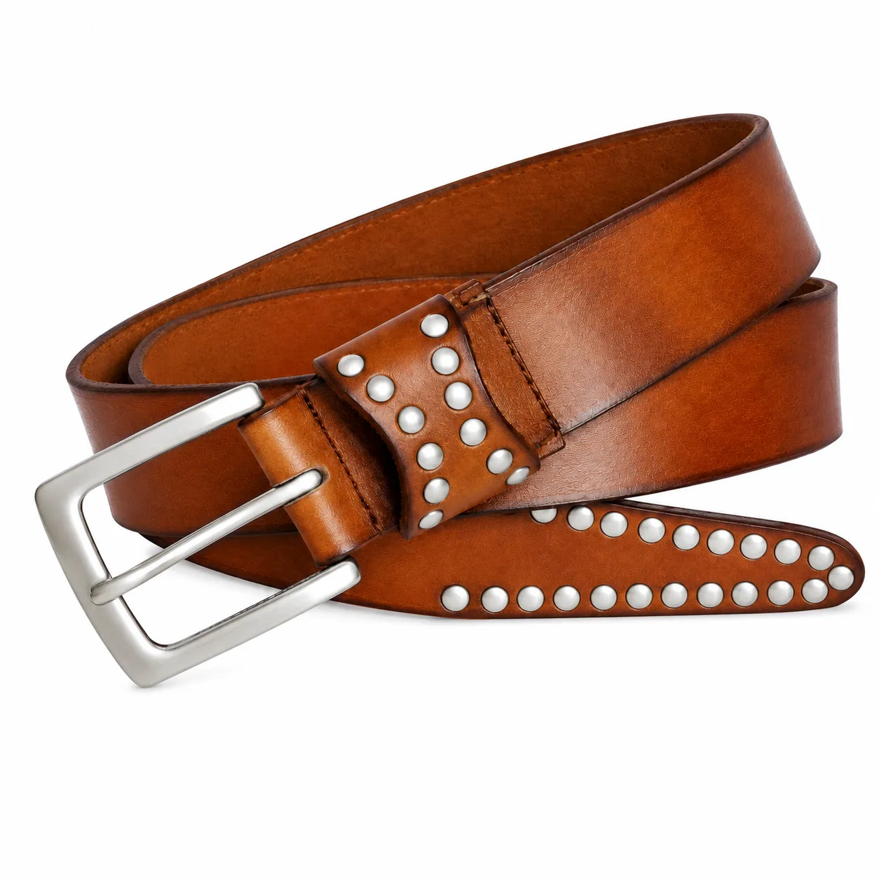 Cognac brown leather belt with silver-tone studs and polished silver buckle