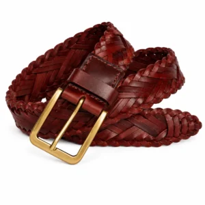 Burgundy brown braided leather belt with woven design and gold-tone buckle