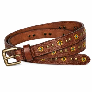 Brown floral studded leather belt with antique brass buckle and decorative flower accents