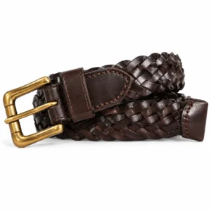 Dark brown braided leather belt with antique brass buckle and stitched leather detailing
