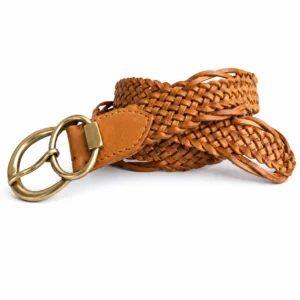 Tan braided leather belt with woven design and antique brass double-ring buckle