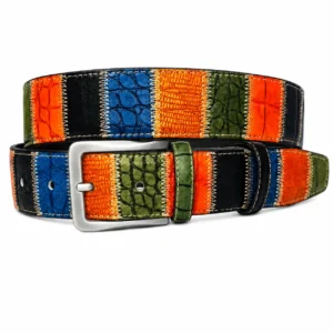 Multi-color patchwork leather belt with embossed texture, contrast stitching and silver buckle