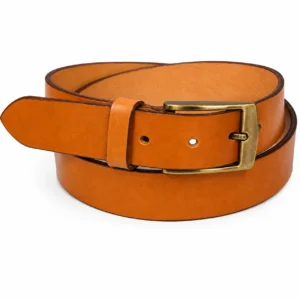 Tan leather belt with dark contrast edges and antique brass rectangular buckle